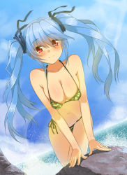 Rule 34 | 1girl, arm support, bad id, bad pixiv id, bikini, blue hair, blush, breasts, camouflage, camouflage bikini, cleavage, cloud, cloudy sky, day, hair ribbon, highres, large breasts, lens flare, long hair, looking at viewer, navel, ocean, original, oxxo (dlengur), red eyes, ribbon, rock, shiny skin, side-tie bikini bottom, sky, smile, solo, swimsuit, twintails, waves