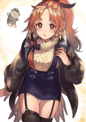 Rule 34 | 1girl, absurdres, arknights, beige sweater, black jacket, black thighhighs, blue nails, blue skirt, brown eyes, cowboy shot, feather hair, garter straps, hand up, highres, jacket, long hair, looking at viewer, mole, mole under eye, nail polish, open clothes, open jacket, open mouth, orange hair, pinecone (arknights), ponytail, skirt, solo, tarako jun, thighhighs