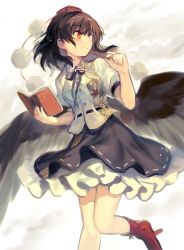 Rule 34 | 1girl, bird wings, black hair, black ribbon, black skirt, black wings, blush, calligraphy brush, closed mouth, collared shirt, feathered wings, floating hair, floral print, footwear ribbon, frilled skirt, frills, fuepo, geta, hands up, hat, hauchiwa, highres, holding, holding brush, holding notebook, holding paintbrush, holding pen, leaf, leaf print, leg up, looking to the side, maple leaf, maple leaf print, neck ribbon, notebook, paintbrush, pen, pen to mouth, petticoat, pom pom (clothes), puffy short sleeves, puffy sleeves, red eyes, red footwear, ribbon, ribbon-trimmed clothes, ribbon trim, shameimaru aya, shirt, short sleeves, sidelocks, skirt, smile, solo, tengu-geta, tokin hat, touhou, white shirt, wings