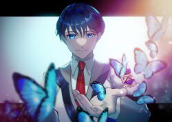 Rule 34 | 1boy, absurdres, black hair, blue butterfly, blue eyes, blurry, blurry foreground, bug, butterfly, gunparade march, hair between eyes, hayami atsushi, highres, insect, long sleeves, looking at viewer, male focus, mememe, necktie, red necktie, smile, solo, uniform, upper body