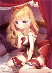 Rule 34 | 10s, 1girl, babydoll, bare arms, bare legs, bare shoulders, barefoot, bed, bedroom, between legs, blonde hair, blue eyes, blush, bow, bowtie, unworn bowtie, breasts, cagliostro (granblue fantasy), cleavage, clothes pull, collarbone, curtains, granblue fantasy, hairband, hand between legs, hand on own chest, holding, indoors, lace trim, light particles, long hair, looking at viewer, on bed, parted lips, patori, pillow, red bow, red skirt, sitting, skirt, skirt pull, small breasts, solo, spaghetti strap, stomach, strap slip, wall, wallpaper (object)