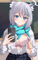 Rule 34 | 1girl, animal ear fluff, animal ears, blue archive, blue eyes, blue scarf, blush, bra, cellphone, cross hair ornament, extra ears, grey hair, hair ornament, halo, high-waist skirt, highres, holding, indoors, looking at viewer, medium hair, mismatched pupils, nail polish, open clothes, open shirt, phone, pink bra, plaid, plaid skirt, pleated skirt, scarf, school uniform, shiroko (blue archive), shirt, skirt, smartphone, solo, striped clothes, striped scarf, underwear, vayneeeee, white shirt, wolf ears