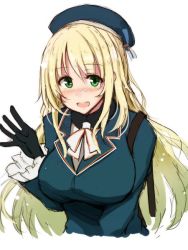 Rule 34 | ascot, atago (kancolle), beret, black gloves, blonde hair, blue hat, breasts, gloves, hat, kantai collection, large breasts, long hair, mashayuki, military, military uniform, one-hour drawing challenge, simple background, uniform, upper body, waving, white ascot, white background