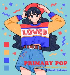 Rule 34 | 1980s (style), 1girl, arms up, artist name, belt, black eyes, blue background, blue hair, blue sweater, brown belt, color guide, colorful, cowboy shot, denim, denim shorts, earrings, emily kim, english text, gold earrings, hat, highres, hoop earrings, jewelry, long hair, looking at viewer, oldschool, orange sweater, original, patterned background, red hat, red sweater, retro artstyle, shorts, solo, squiggle, sweater