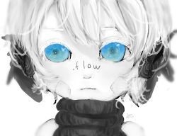Rule 34 | .flow, 1girl, :|, albino, alternate eye color, artist name, bandaid, blue eyes, blurry, close-up, closed mouth, colored skin, copyright name, dated, depth of field, flopy, mechanical parts, pale skin, portrait, sabitsuki, short hair, sleeveless, sleeveless turtleneck, solo, spot color, turtleneck, white background, white hair, white skin