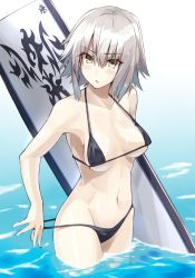 Rule 34 | 1girl, adjusting hair, bare shoulders, bikini, bikini pull, black bikini, blush, breasts, clothes pull, collarbone, fate/grand order, fate (series), hair between eyes, halterneck, hip focus, holding, holding behind back, jeanne d&#039;arc (fate), jeanne d&#039;arc alter (avenger) (fate), jeanne d&#039;arc alter (fate), medium breasts, navel, open clothes, open shirt, outdoors, pale skin, parted lips, shirt, short hair, shunichi, silver hair, solo, strap gap, surfboard, swimsuit, wading, water, wet, yellow eyes