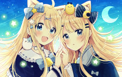 Rule 34 | 2girls, :d, absurdres, ahoge, animal, animal ear fluff, animal ears, bell, bird, blonde hair, blue bow, blue capelet, blue eyes, blue sky, blush, bow, capelet, cat, cat ears, chick, cloud, commentary request, crescent, crescent moon, day, diagonal stripes, fingernails, frilled capelet, frilled sleeves, frills, hair between eyes, hair bow, hand up, head tilt, highres, interlocked fingers, long hair, long sleeves, moon, multiple girls, on head, on shoulder, open mouth, original, outdoors, parted lips, sakura oriko, siblings, sisters, sky, smile, star (symbol), striped, striped bow, very long hair