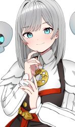 Rule 34 | 1girl, absurdres, akershus fortress (oshiro project), black dress, blue eyes, blush, bob cut, closed mouth, collared shirt, dot nose, dress, floating skull, grey hair, hand to own mouth, hand up, highres, long sleeves, looking at viewer, morumoru x, oshiro project:re, red nails, shirt, short hair, simple background, skull, sleeveless, sleeveless dress, smile, solo, upper body, white background, white shirt