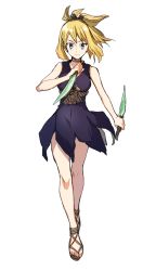 Rule 34 | 1girl, asahimachi, black dress, blonde hair, closed mouth, dagger, dr. stone, dress, dual wielding, floating hair, full body, green eyes, highres, holding, holding dagger, holding knife, holding weapon, knife, kohaku (dr. stone), long hair, looking at viewer, sandals, short dress, simple background, sketch, sleeveless, sleeveless dress, solo, standing, weapon, white background