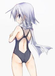 Rule 34 | 1girl, ass, back, black one-piece swimsuit, blue eyes, competition swimsuit, from behind, ichidai taisa, izayoi sakuya, looking at viewer, looking back, one-piece swimsuit, scarf, silver hair, solo, swimsuit, touhou