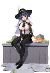 Rule 34 | 1girl, bare shoulders, blue eyes, blue hair, breasts, cat, commentary, earrings, english commentary, full body, hair between eyes, hat, highres, hololive, hololive english, jewelry, josal, large breasts, long sleeves, open mouth, ouro kronii, pantyhose, petting, simple background, sitting, skirt, solo, thighhighs, tongue, virtual youtuber, white background