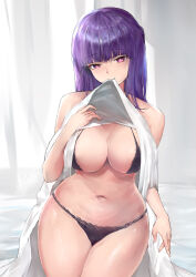 Rule 34 | 1girl, absurdres, bare shoulders, black bra, black panties, blunt bangs, bra, breasts, commentary, fern (sousou no frieren), highres, indoors, large breasts, lifting own clothes, long hair, looking at viewer, mouth hold, navel, panties, purple eyes, purple hair, simple background, solo, sousou no frieren, stomach, underwear, wide hips, zcheng weibing