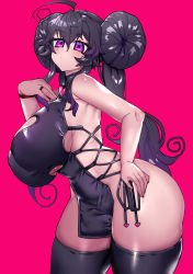 Rule 34 | ass, breasts, clothing cutout, double bun, hair bun, hand on own hip, highres, large breasts, nyarla (osiimi), osiimi, purple eyes, thick thighs, thighs, wide hips