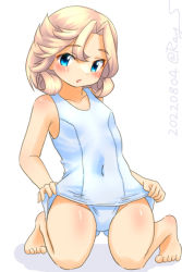 Rule 34 | 1girl, barefoot, blonde hair, blue eyes, commentary request, flat chest, janus (kancolle), kantai collection, looking at viewer, one-hour drawing challenge, one-piece swimsuit, parted bangs, ray.s, school swimsuit, school swimsuit flap, short hair, simple background, solo, swimsuit, twitter username, white background, white one-piece swimsuit