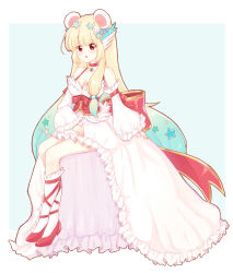 Rule 34 | 1girl, animal ears, bare shoulders, blonde hair, blue background, blue bow, blush, bow, breasts, character request, cleavage, commentary request, detached sleeves, dress, frilled dress, frills, full body, hair bow, head wings, highres, kneehighs, light (luxiao deng), long hair, long sleeves, looking at viewer, medium breasts, open mouth, puffy long sleeves, puffy sleeves, ragnarok online, red bow, red eyes, red footwear, shell hair ornament, shoes, sitting, sleeveless, sleeveless dress, socks, solo, starfish hair ornament, two-tone background, very long hair, white background, white dress, white sleeves, white socks, white wings, wings