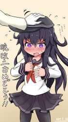 Rule 34 | 1boy, 1girl, absurdres, admiral (kancolle), akatsuki (kancolle), anchor symbol, beige background, black hat, black pantyhose, black skirt, blush, clenched hand, commentary request, cowboy shot, fingernails, flat cap, full-face blush, gloves, hand on another&#039;s head, hat, headpat, highres, kantai collection, long hair, long sleeves, looking away, looking down, nail polish, neckerchief, omura (daison116), open mouth, pantyhose, pleated skirt, purple eyes, purple hair, red neckerchief, school uniform, serafuku, shirt, signature, simple background, skirt, solo focus, standing, sweat, translation request, very long hair, wavy hair, white gloves, white nails, white shirt