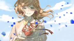 Rule 34 | 1girl, blue sky, blush, brooch, brown hair, candle, cloud, collared shirt, commentary request, day, dress shirt, fire, floating hair, food, green eyes, holding, jewelry, long hair, looking at viewer, menu (shuzinnkoutyan ), neck ribbon, nose blush, outdoors, petals, red ribbon, ribbon, rosa (tears of themis), shirt, sky, smile, solo, tears of themis, upper body, white shirt