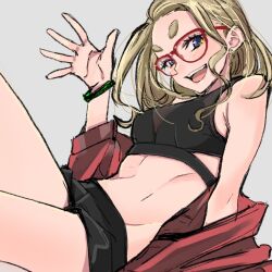 Rule 34 | 1girl, bare shoulders, black shirt, black shorts, blonde hair, blue eyes, blush, bracelet, breasts, clothes down, commentary request, crop top, dekomegane, earrings, glasses, grey background, highres, jacket, jewelry, long hair, looking at viewer, micro shorts, navel, open mouth, original, red-framed eyewear, red jacket, sasetsu, shirt, shorts, simple background, sketch, small breasts, smile, solo, stud earrings, thick eyebrows, waving