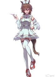 Rule 34 | 1girl, agnes tachyon (umamusume), alternate costume, breasts, brown hair, ci4, detached sleeves, full body, garter straps, hair between eyes, hand on own hip, hat, highres, holding, holding needle, holding syringe, long sleeves, looking at viewer, medium breasts, needle, nurse, nurse cap, open mouth, red eyes, red footwear, short hair, solo, syringe, thighhighs, umamusume, white thighhighs