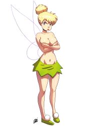 Rule 34 | 1girl, angry, artist request, blonde hair, blue eyes, breast hold, breasts, covering privates, covering breasts, disney, fairy, groin, highres, large breasts, lips, miniskirt, navel, no bra, pointy ears, simple background, skirt, solo, standing, tinker bell (disney), topless, wide hips