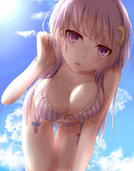 Rule 34 | 1girl, bent over, bikini, blue sky, breasts, breasts squeezed together, cleavage, cloud, collarbone, crescent, crescent hair ornament, day, female focus, gradient background, hair ornament, hair ribbon, hand in own hair, large breasts, leaning forward, long hair, looking at viewer, looking down, open mouth, patchouli knowledge, purple bikini, purple eyes, purple hair, ram hachimin, ribbon, sky, solo, striped bikini, striped clothes, sun, swimsuit, touhou, tress ribbon, very long hair, wet