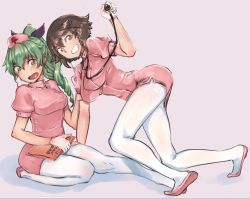 Rule 34 | 10s, 2girls, abaratani kurou, alternate costume, alternate hairstyle, anchovy (girls und panzer), black hair, black ribbon, blush, braid, brown eyes, clipboard, commentary, dress, drill hair, flats, frown, girls und panzer, gloves, green hair, grey background, grin, hair ribbon, hat, highres, holding, holding needle, latex, latex gloves, leaning back, legs, long hair, looking at viewer, looking back, multiple girls, needle, nurse, nurse cap, on one knee, open mouth, pantyhose, pepperoni (girls und panzer), pink dress, pink footwear, ponytail, puffy short sleeves, puffy sleeves, ribbon, shadow, short dress, short hair, short sleeves, side braid, single drill, sitting, smile, stethoscope, sweatdrop, white gloves, white legwear
