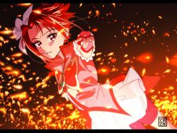 Rule 34 | aoi tete, artist logo, bike shorts, bike shorts under skirt, butterfly brooch, closed mouth, cure rouge, embers, gloves, hair ribbon, highres, leaning forward, letterboxed, magical girl, miniskirt, pleated skirt, pointing, pointing at viewer, precure, red eyes, red gloves, red hair, red shorts, ribbon, shirt, short hair, shorts, skirt, sleeveless, sleeveless shirt, smile, white ribbon, white skirt, yes! precure 5, yes! precure 5 gogo!