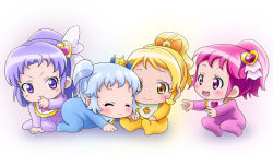 Rule 34 | 10s, 4girls, aged down, aino megumi, baby, bib, blonde hair, blue hair, blush, bow, closed eyes, crown, cure fortune, cure honey, cure lovely, cure princess, hair bow, hair ornament, happinesscharge precure!, heart, heart hair ornament, hikawa iona, mameshiba (pixiv 59310), mini crown, multiple girls, oomori yuuko, pink eyes, pink hair, ponytail, precure, purple eyes, purple hair, shirayuki hime, short hair, short twintails, sitting, smile, thumb sucking, twintails, white background, yellow eyes