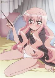 Rule 34 | 00s, 1girl, 2007, artist request, barefoot, bed, blush, bottomless, cape, detexted, embarrassed, highres, louise francoise le blanc de la valliere, naked cape, official art, panties, pentacle, scan, sitting, solo, third-party edit, underwear, wand, zero no tsukaima