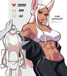 Rule 34 | 1girl, 1other, abs, absurdres, anger vein, animal ears, bare shoulders, black jacket, black pants, boku no hero academia, breasts, cleavage, clothes hanger, collarbone, commentary, dark-skinned female, dark skin, english commentary, english text, hands in pockets, highres, holding, holding clothes hanger, jacket, large breasts, like and retweet, long eyelashes, long hair, looking at viewer, meme, meme attire, mirko, moi yablochki, muscular, muscular female, navel, off shoulder, open mouth, pants, parted bangs, rabbit ears, rabbit girl, red eyes, solo focus, speech bubble, sports bra, stomach, twitter strip game (meme), very long hair, virgin destroyer sweater, white hair, white sports bra