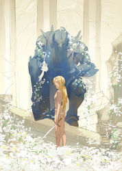 Rule 34 | 1boy, alphonse elric, armor, arms at sides, blonde hair, building, completely nude, day, expressionless, flower, full armor, full body, fullmetal alchemist, hair over one eye, holding, holding sword, holding weapon, impactrueno, long hair, looking away, male focus, nude, outdoors, pillar, plant, profile, ruins, skinny, standing, sword, very long hair, weapon, white flower