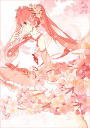 Rule 34 | 1girl, bad id, bad pixiv id, boots, cherry blossoms, detached sleeves, flower, fuuko (2679566944), hair flower, hair ornament, hatsune miku, highres, long hair, necktie, pink footwear, red eyes, red hair, sakura miku, skirt, solo, thigh boots, thighhighs, twintails, very long hair, vocaloid