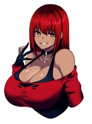 Rule 34 | 1girl, absurdres, bare shoulders, breasts, choker, cleavage, cross, dark-skinned female, dark skin, female focus, fingerless gloves, gloves, highres, hz (666v), large breasts, long hair, long sleeves, original, red eyes, red hair, solo, stitched face, stitches