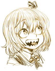 Rule 34 | 1girl, drooling, happy, looking to the side, medium hair, monochrome, open mouth, portrait, rumia, sharp teeth, smile, spacezin, tagme, teeth, touhou