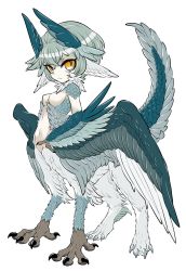 Rule 34 | 1girl, ano5102, breasts, centauroid, feathered wings, female focus, full body, head wings, highres, monster girl, navel, no nipples, original, pale skin, simple background, slit pupils, solo, taur, white background, wings, yellow eyes