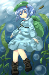 Rule 34 | 1girl, backpack, bag, blouse, blue eyes, blue hair, boots, bubble, cabbie hat, colored eyelashes, green hat, hair bobbles, hair ornament, hat, highres, kawashiro nitori, key, kibisake, knees together feet apart, long sleeves, matching hair/eyes, pursed lips, reeds, s katsuo, shirt, skirt, solo, touhou, two side up, underwater