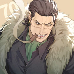 Rule 34 | 1boy, ascot, black hair, cigar, coat, crocodile (one piece), dated commentary, earrings, fur-trimmed coat, fur trim, green ascot, hair slicked back, jewelry, looking to the side, male focus, numbered, one piece, simple background, single sidelock, smile, smoke, solo, stitched face, stitches, upper body, waistcoat, yoshicha