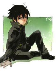 Rule 34 | 10s, 1boy, ahoge, black hair, buttons, cloak, double-breasted, frown, gloves, gradient background, green eyes, highres, hyakuya yuuichirou, kido fudo, male focus, military, military uniform, owari no seraph, short hair, sitting, solo, uniform, white background, white gloves