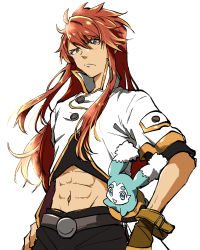 Rule 34 | 1boy, abs, absurdres, belt, buttons, creature, crop top, cropped jacket, fingerless gloves, gloves, green eyes, hand on own hip, high collar, highres, kudou makoto, long hair, looking at viewer, luke fon fabre, mieu (tales), red hair, sidelocks, tales of (series), tales of the abyss, white background