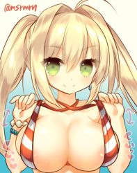 Rule 34 | 1girl, ahoge, arrow (symbol), bad id, bad pixiv id, bare arms, bare shoulders, bikini, bikini top lift, blonde hair, blush, breasts, cleavage, closed mouth, clothes lift, collarbone, fate/grand order, fate (series), green eyes, hair between eyes, hair intakes, large breasts, lifted by self, long hair, mashiro miru, nero claudius (fate), nero claudius (fate) (all), nero claudius (swimsuit caster) (fate), sidelocks, smile, solo, striped bikini, striped clothes, swimsuit, twintails, twitter username, upper body