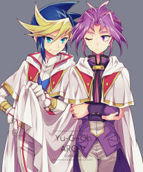 Rule 34 | 2boys, blonde hair, borrowed clothes, feet out of frame, looking at another, male focus, mikami (mkm0v0), multicolored hair, multiple boys, one eye closed, pants, purple hair, simple background, two-tone hair, upper body, walking, white pants, yu-gi-oh!, yu-gi-oh! arc-v, yuugo (yu-gi-oh!), yuuto (yu-gi-oh!)