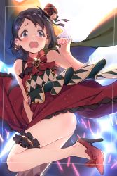 Rule 34 | 1girl, ass, bare legs, bare shoulders, black eyes, black hair, brooch, cape, checkered clothes, checkered dress, commentary request, costume, diamond (shape), djheycha, dress, earrings, embarrassed, footwear bow, frilled skirt, frills, glowstick, hat, highres, idolmaster, idolmaster cinderella girls, jewelry, bridal garter, looking at viewer, mini hat, mini top hat, no socks, open mouth, red dress, red footwear, sasaki chie, skirt, sleeveless, sleeveless dress, solo, tearing up, thigh strap, top hat