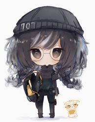 Rule 34 | 1girl, backpack, bad id, bad pixiv id, bag, beanie, black-framed eyewear, black hat, black pants, boots, braid, brown eyes, brown footwear, brown gloves, brown hair, cat, character request, chibi, closed mouth, commentary request, cottontailtokki, elbow gloves, fingerless gloves, full body, glasses, gloves, green shirt, grey background, hand up, hat, highres, long hair, looking at viewer, low twintails, pants, rainbow six siege, round eyewear, shadow, shirt, short sleeves, solo, standing, twin braids, twintails
