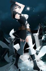 Rule 34 | 1girl, arm strap, black hair, blue eyes, boots, breasts, chrystalia, female focus, large breasts, long hair, looking at viewer, mabinogi, shorts, sky, solo, sword, tagme, thighhighs, weapon, white thighhighs