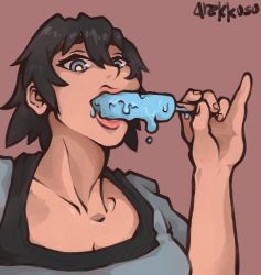 Rule 34 | absurdres, alternate breast size, black hair, blue eyes, breasts, food, food in mouth, highres, large breasts, lipstick, looking at viewer, makeup, pinky out, popsicle, popsicle in mouth, self-upload, shiina mayuri, steins;gate