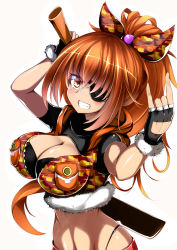 Rule 34 | 1girl, \m/, black gloves, bombergirl, breasts, camouflage, cleavage, covered collarbone, eyepatch, fingerless gloves, fur-trimmed gloves, fur trim, gloves, grin, large breasts, long hair, omochishiki, orange eyes, orange hair, oren (bombergirl), ponytail, sheath, simple background, smile, solo, teeth, v-shaped eyebrows, white background, zipper