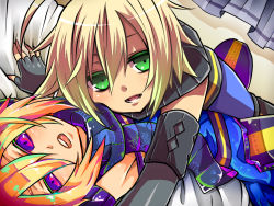 Rule 34 | 00s, 1boy, bad id, bad pixiv id, blonde hair, colored eyelashes, dual persona, emil castagnier, green eyes, male focus, on person, purple eyes, selfcest, smile, solo, takamiya ren, tales of (series), tales of symphonia, tales of symphonia: dawn of the new world