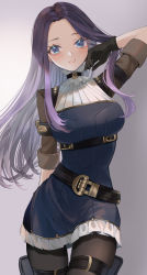 Rule 34 | 1girl, arcane caitlyn, belt, black gloves, blue dress, blue eyes, breasts, caitlyn (league of legends), chest strap, collar, cowboy shot, detached collar, dress, eyelashes, forehead, frilled collar, frills, gloves, hand in own hair, highres, holster, league of legends, long hair, looking at viewer, medium breasts, pantyhose, police, police uniform, policewoman, purple hair, short dress, sleeves rolled up, smile, solo, thigh holster, uniform, usagi (3828164), white background