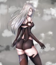 Rule 34 | 1girl, android, ass, bare shoulders, black gloves, black thighhighs, blue eyes, breasts, elbow gloves, from behind, gloves, hair over one eye, highres, kamikaze (stfu000), long hair, looking at viewer, medium breasts, nier (series), nier:automata, pale skin, shiny clothes, shiny skin, short shorts, shorts, sideboob, silver hair, solo, thighhighs, a2 (nier:automata)