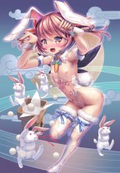 Rule 34 | 1girl, animal ears, armpits, blood, carrot necklace, detached sleeves, fang, flat chest, hair ribbon, hatsukaze, heart, heart-shaped pupils, high heels, highres, homura yuni, jewelry, leotard, long hair, necklace, nosebleed, pink eyes, pink hair, playboy bunny, rabbit, rabbit ears, rabbit girl, rabbit pose, rabbit tail, ribbon, symbol-shaped pupils, taimanin (series), taimanin asagi kessen arena, thighhighs, torn clothes, torn leotard, torn thighhighs, white leotard